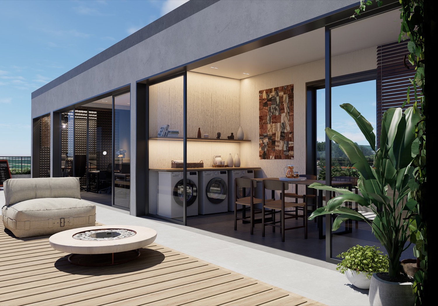 Render do coliving e lavanderia compartilhada
