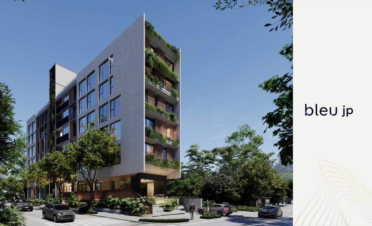 Render da fachada do Bleu JP vista da esquina