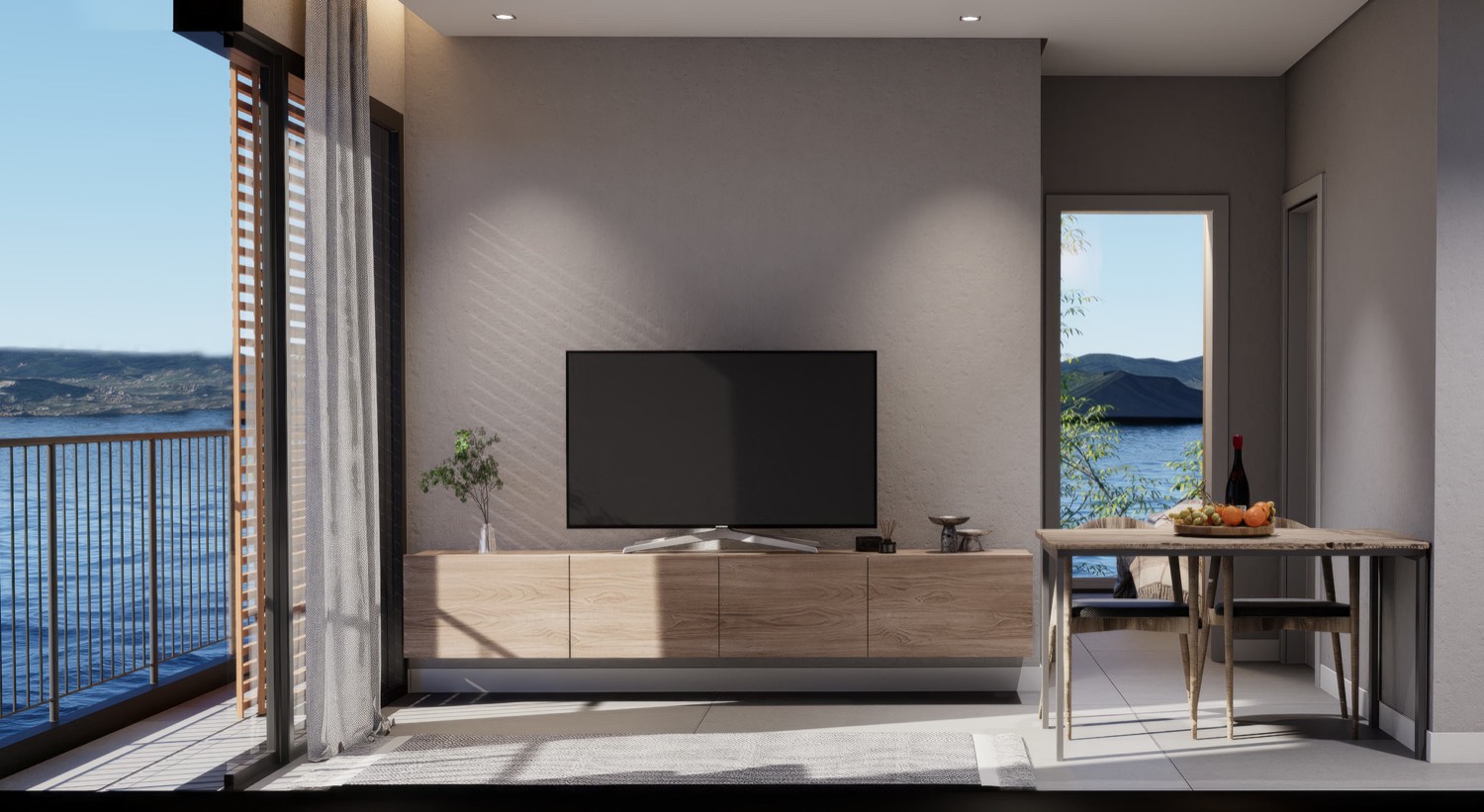 Render do living de um apartamento com vista para o mar