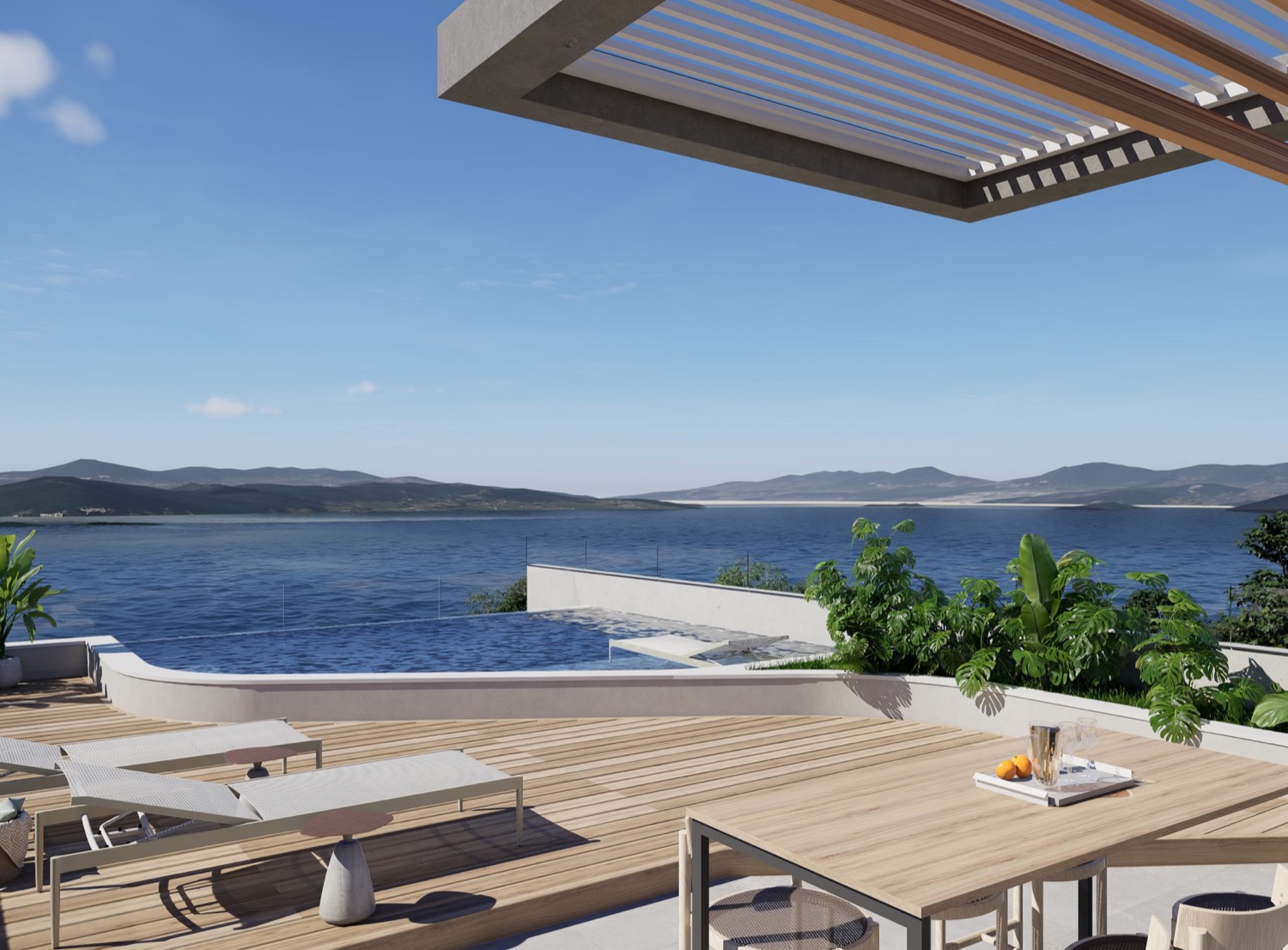 Render da piscina de borda infinita no ático