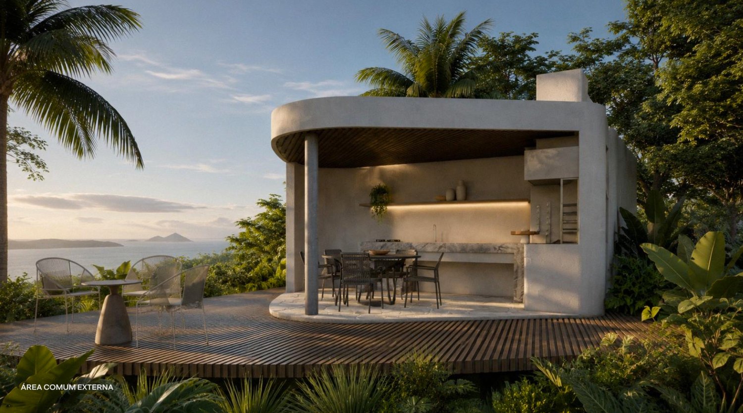 Render da área comum externa com espaço gourmet e vista para o mar
