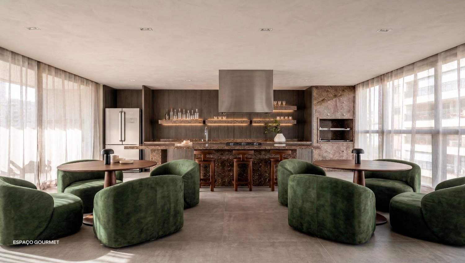 Render do espaço gourmet com churrasqueira e ilha central