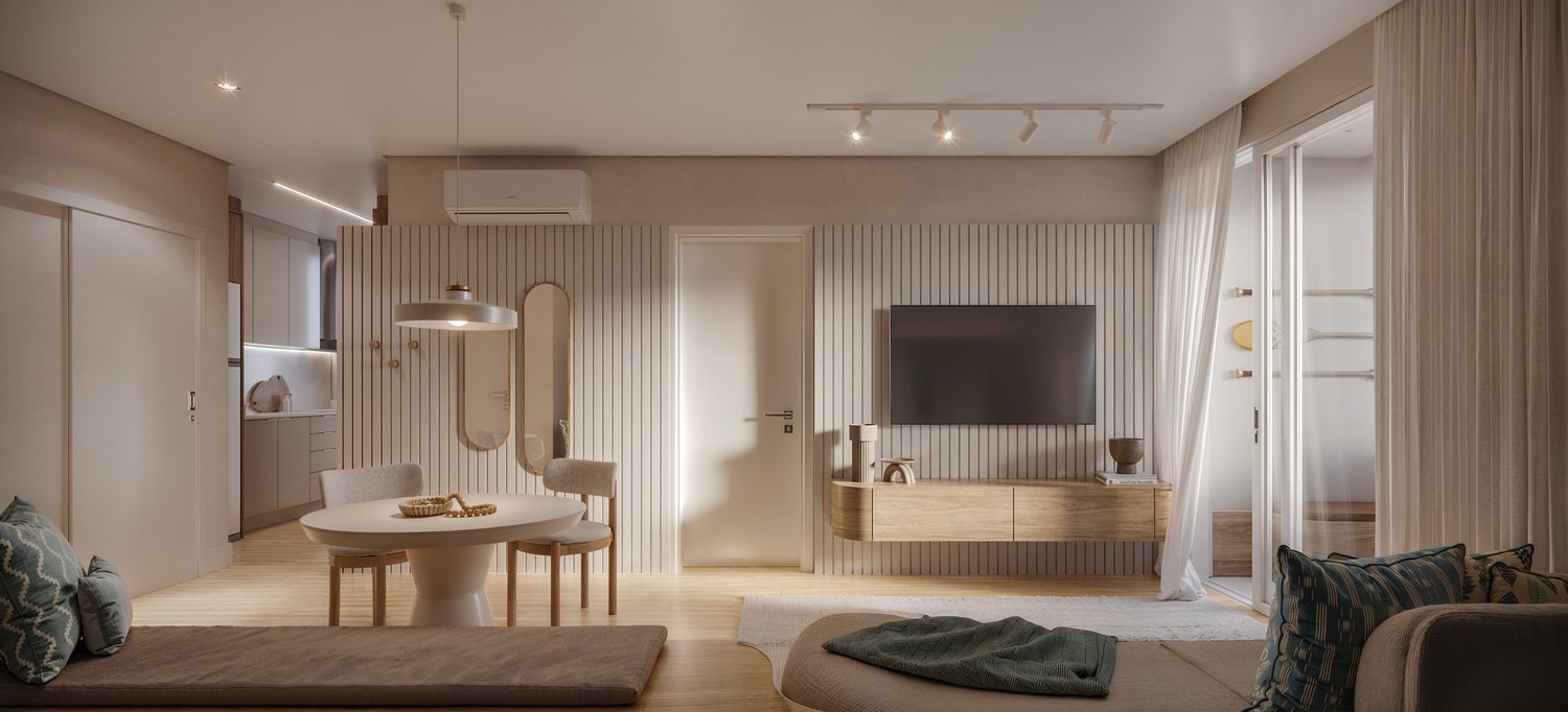 Render do living de uma unidade com painel ripado e varanda