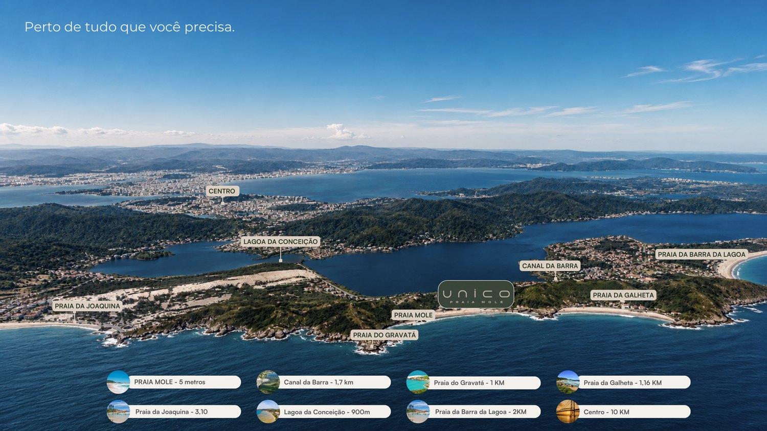Mapa aéreo da costa leste da ilha com as praias e a Lagoa da Conceição em relação ao empreendimento