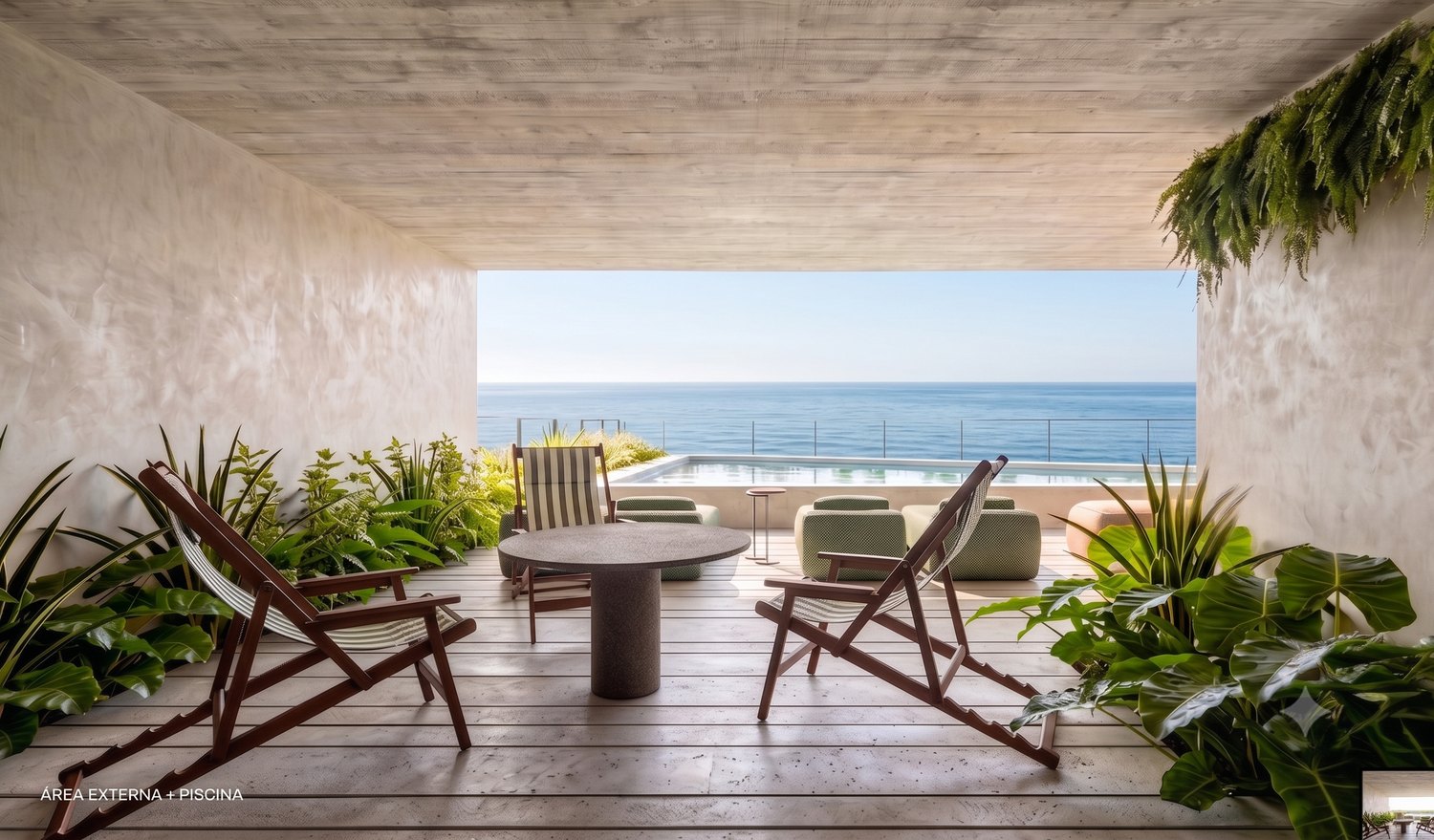Render do deck da piscina com espreguiçadeiras e vista para o mar