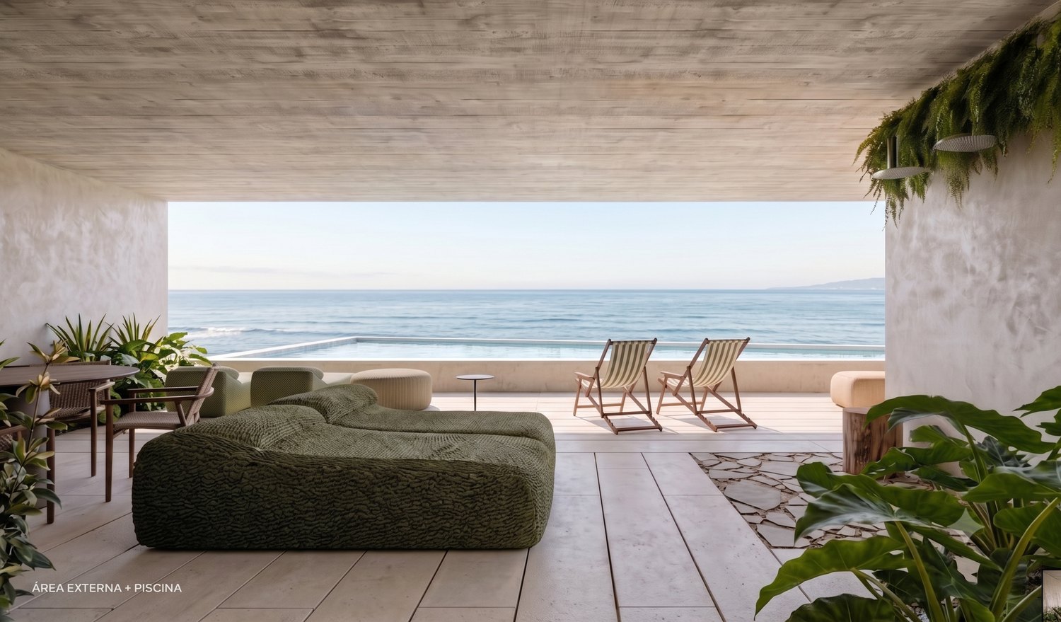 Render da área externa com piscina e vista para o oceano