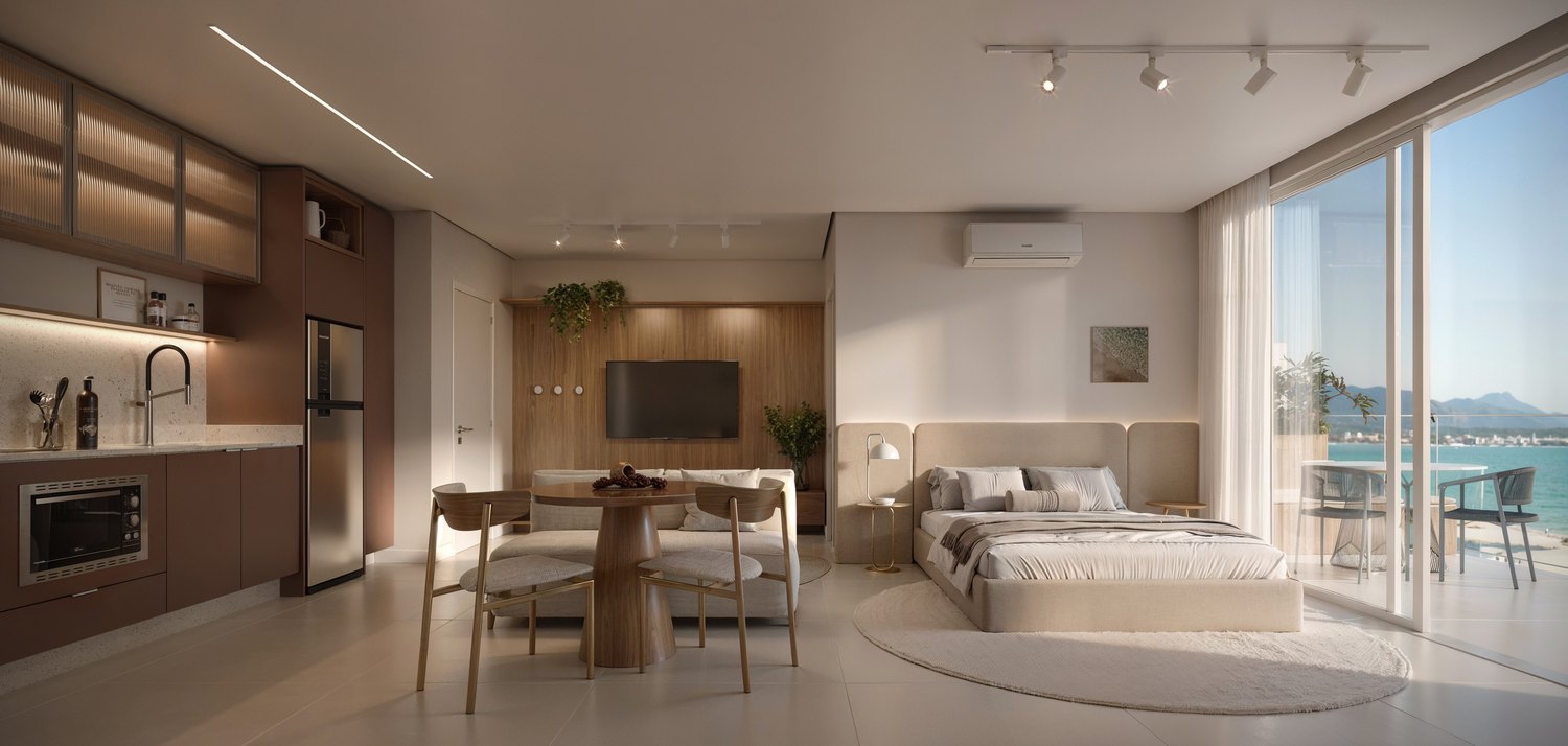 Render do interior de um studio com sacada e vista para o mar