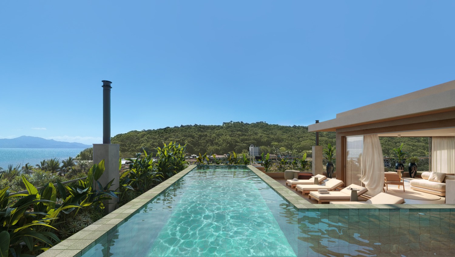 Render da piscina com raia e borda infinita